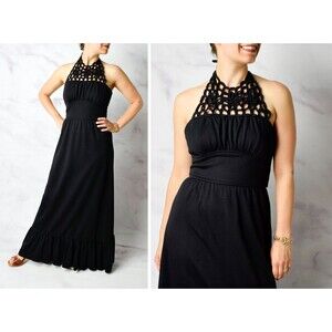 1970s Spiderweb Halter Dress Size Small 70s Halter Gown Vintage Black Maxi Dress